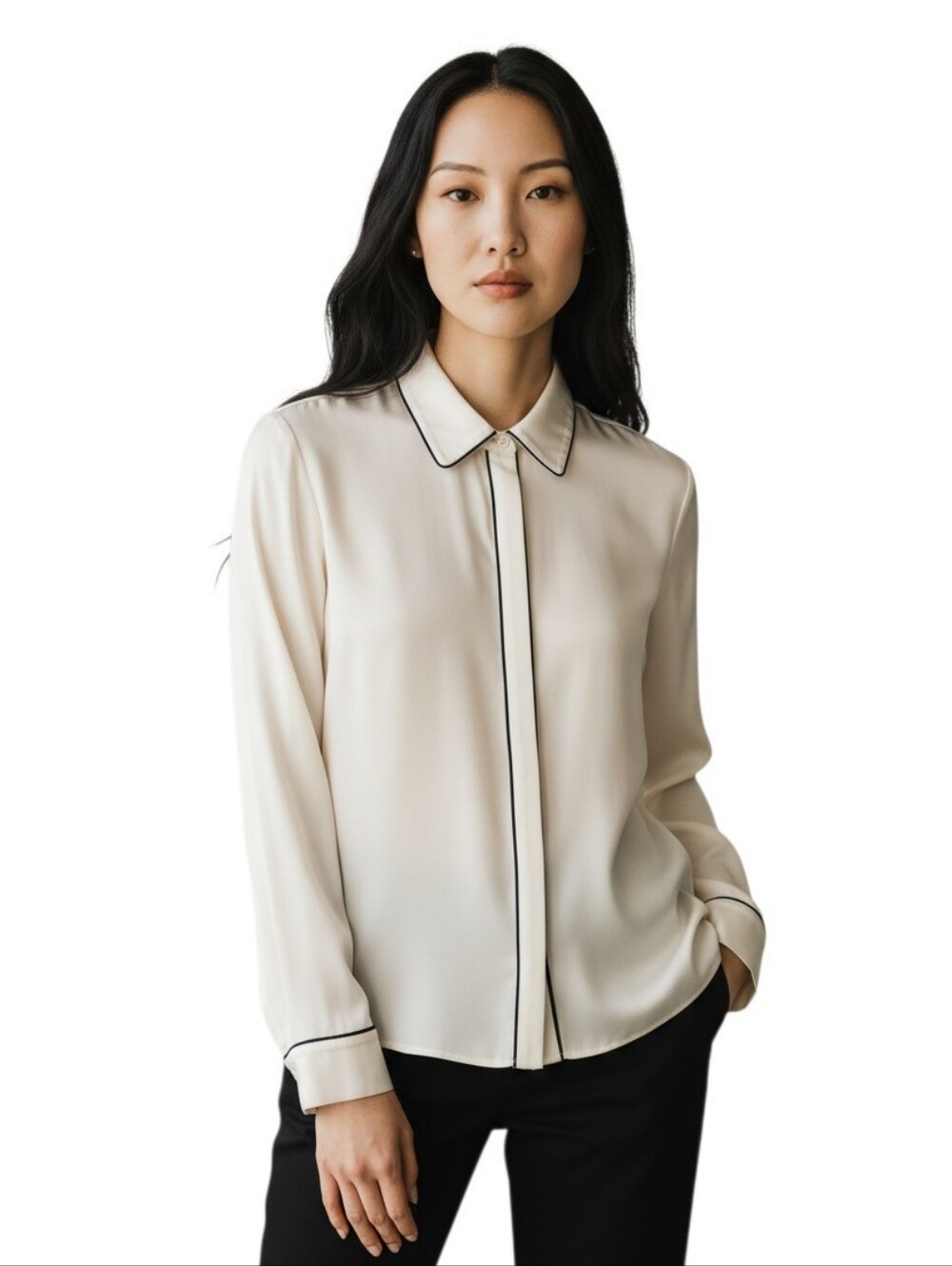 Alice + Olivia Cream Silk Button Down Blouse w Black Piping size XS Old Money